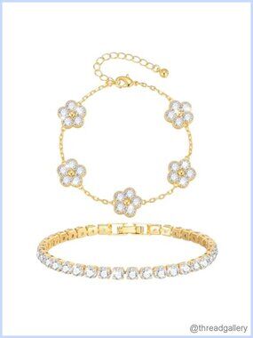 14K Gold Plated Flower Bracelet Set Stackable Tennis Cubic Zirconia